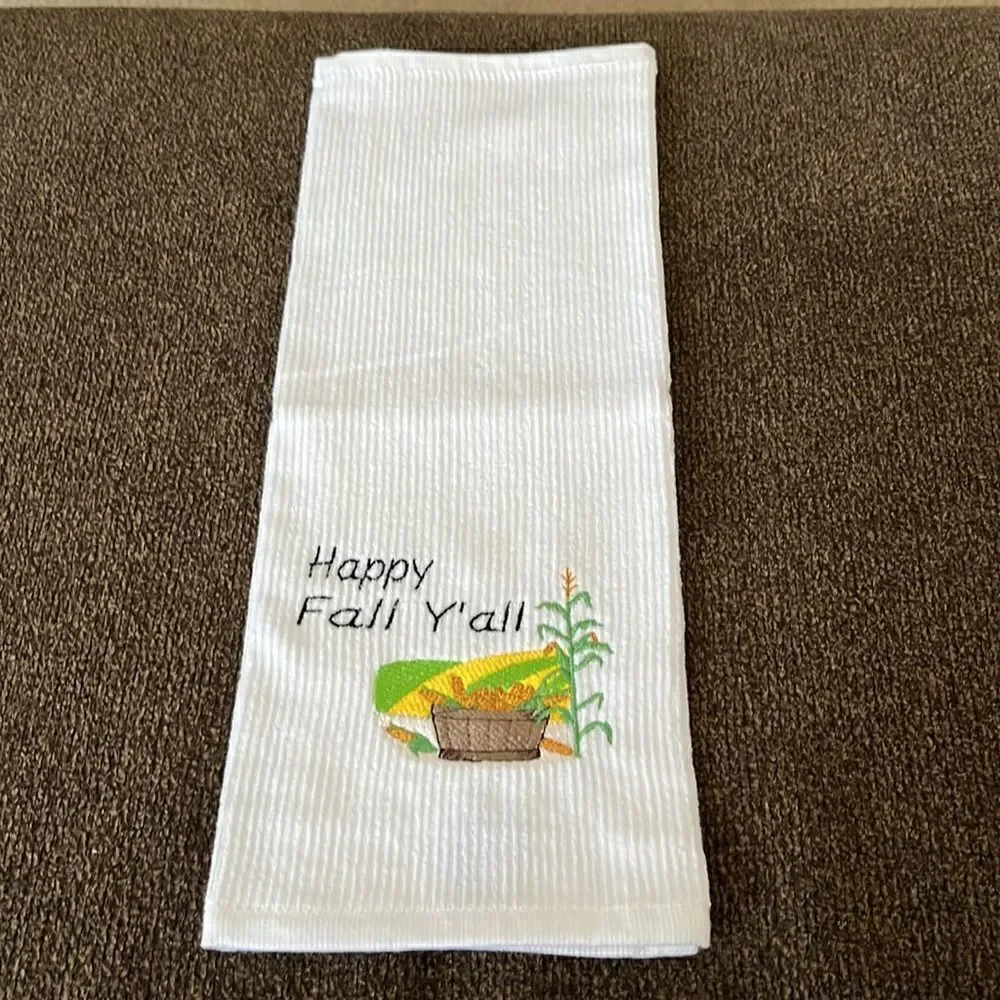 Happy Fall Ya’ll Custom Embroidered White Cotton Barmop Towel